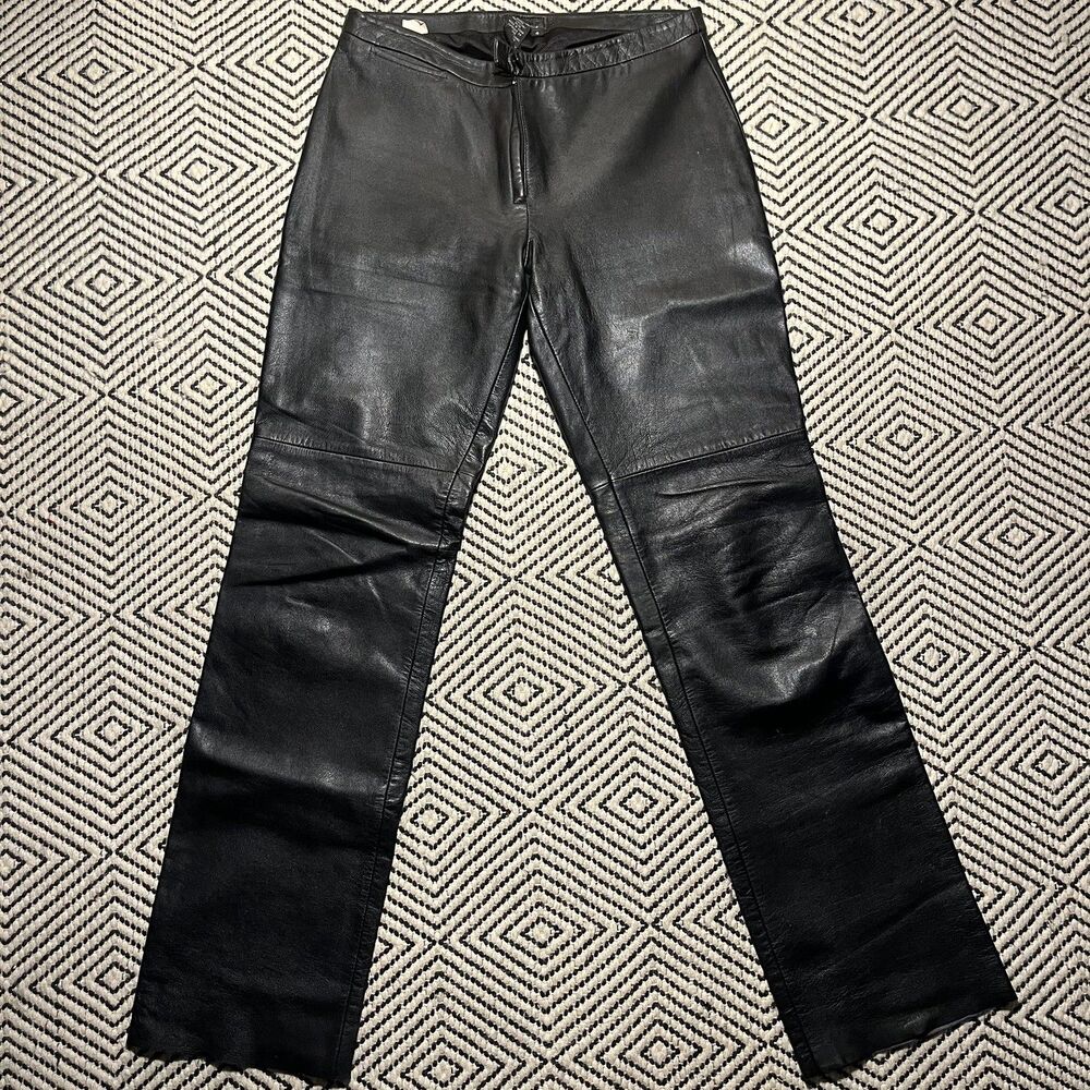 VINTAGE BCBG Women’s Black Solid Leather Pants, Lined, Regular Fit